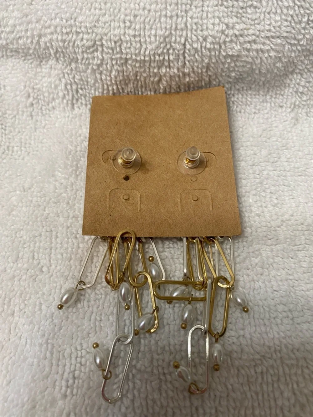 Gold and Silver Tone Multi-Link Dangle Earrings with Pearl Accents - Picture 2 of 2